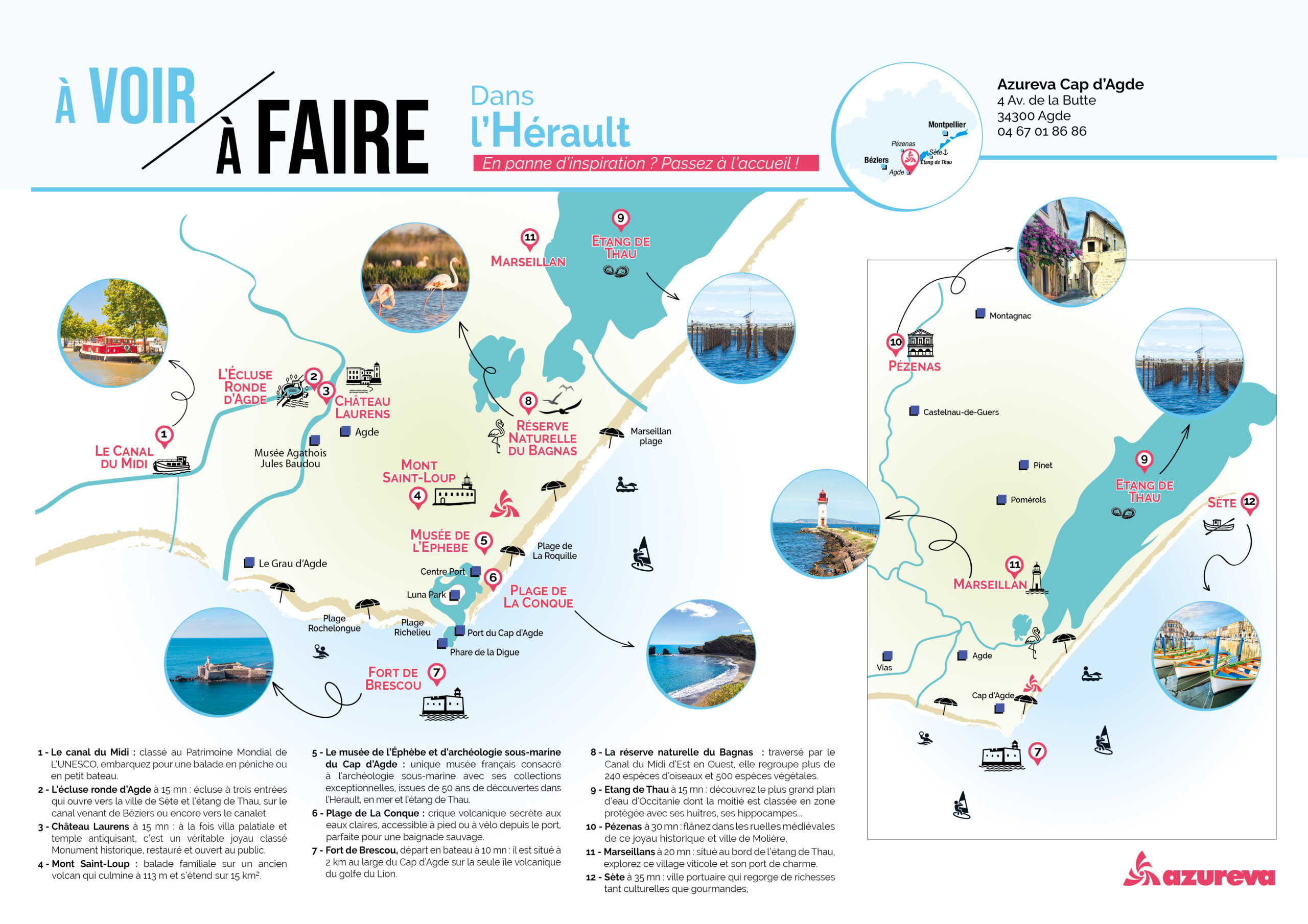 Carte touristique de l'Hérault mettant en avant les sites d'intérêt comme le Canal du Midi, l'Étang de Thau et les plages.