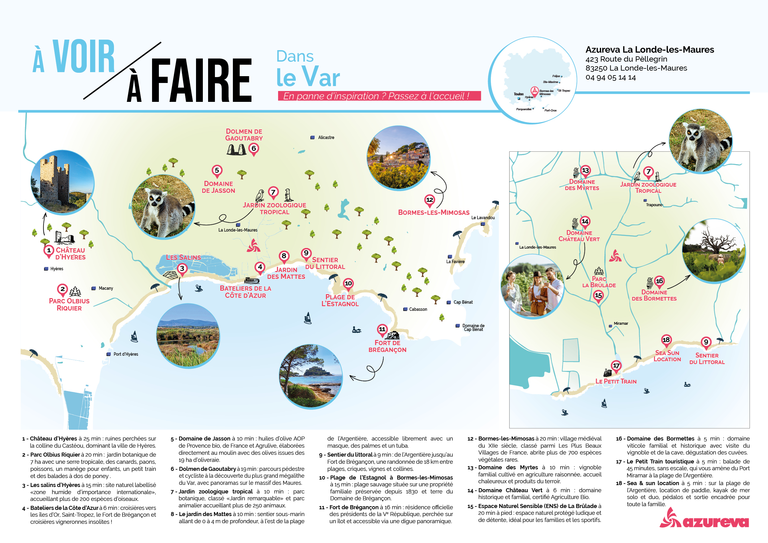 Carte touristique du Var avec les principaux sites et activités à découvrir : châteaux, parcs, plages, vignobles, et villages pittoresques.