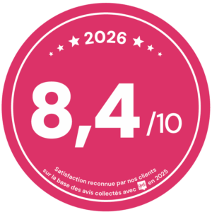Badge de satisfaction client 2026 affichant la note de 8,4 sur 10 basée sur les avis de 2025