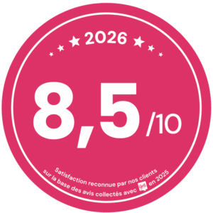Badge de satisfaction client 2026 affichant la note de 8,5 sur 10 basée sur les avis de 2025