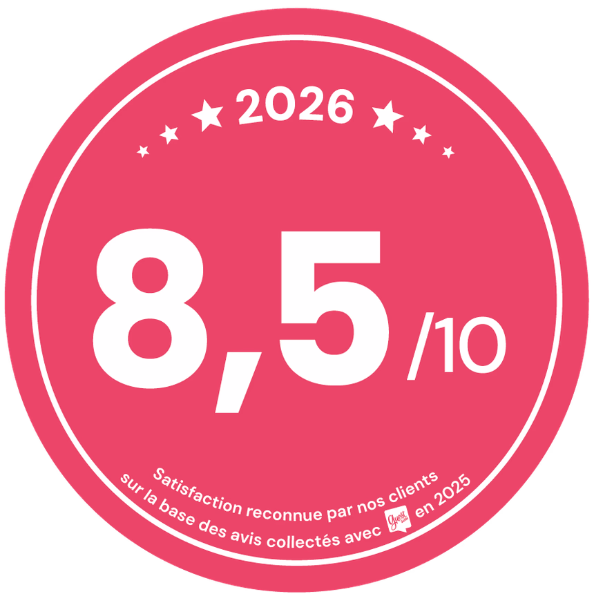 Badge de satisfaction client 2026 affichant la note de 8,5 sur 10 basée sur les avis de 2025