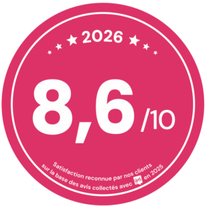 Badge de satisfaction client 2026 affichant la note de 8,6 sur 10 basée sur les avis de 2025