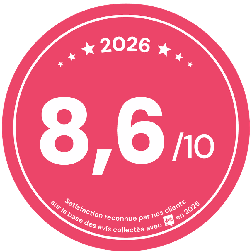 Badge de satisfaction client 2026 affichant la note de 8,6 sur 10 basée sur les avis de 2025