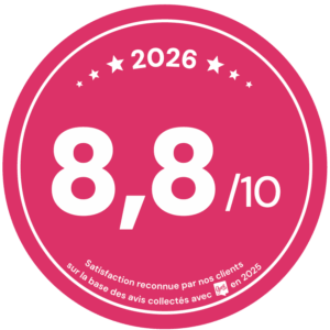 Badge de satisfaction client 2026 affichant la note de 8.8 sur 10 basée sur les avis de 2025