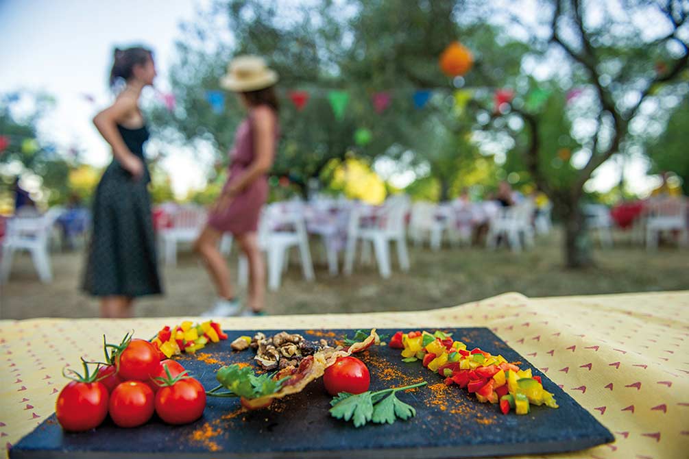 Plat gastronomique coloré servi lors d'une soirée festive en plein air avec guirlandes et ambiance conviviale