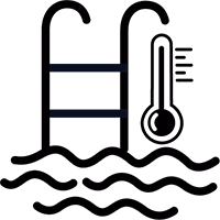 Pictogramme en noir et blanc représentant une piscine avec une échelle et un thermomètre indiquant la température de l'eau.