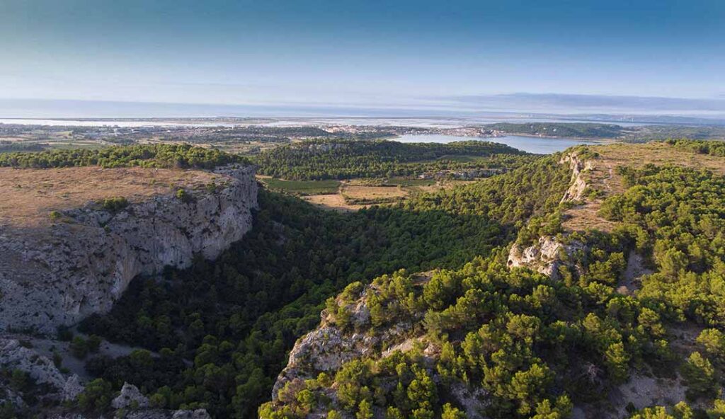 Vue panoramique depuis le massif de la Gardiole sur l'étang de Thau, forêts méditerranéennes et bassins ostréicoles en Occitanie