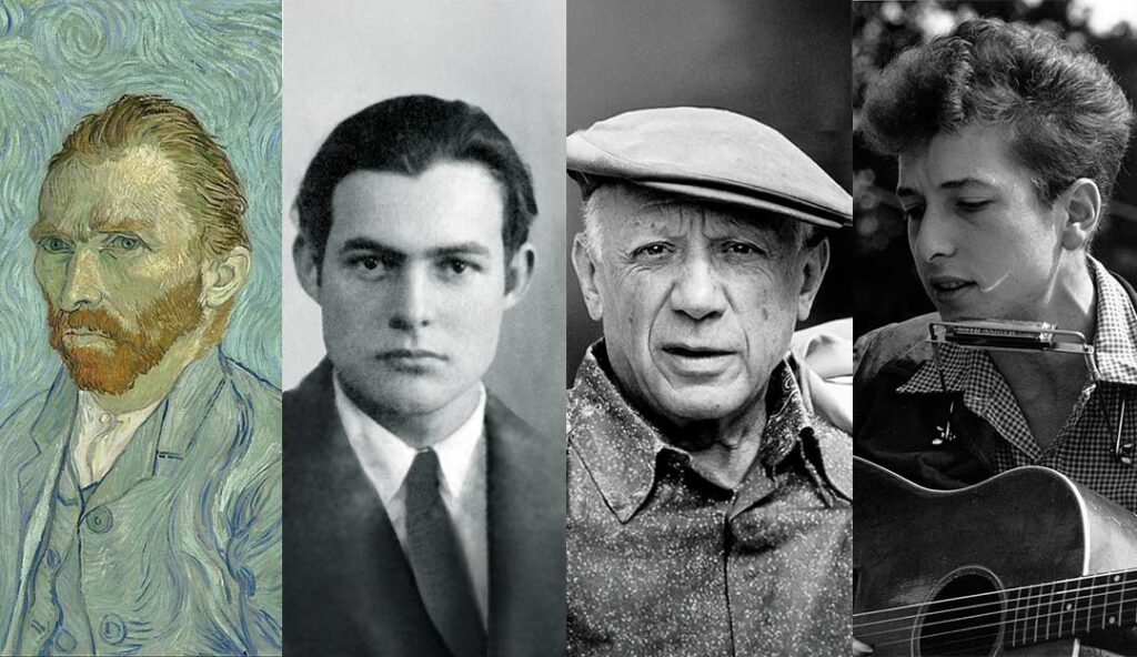 Portraits de Vincent van Gogh, Ernest Hemingway, Pablo Picasso et Bob Dylan, artistes ayant vécu en Provence et Méditerranée