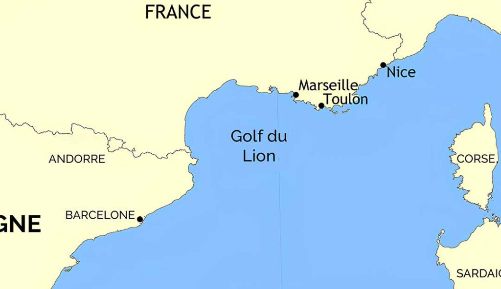 Carte du golfe du Lion en Méditerranée avec localisation de Marseille, Toulon et Nice, destinations Azureva en Provence et Occitanie