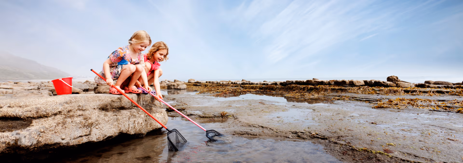 Deux enfants pêchant à l'épuisette dans les rochers à marée basse sur une plage, activité ludique en famille