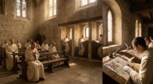 Abbaye de Cîteaux en Bourgogne, intérieur médiéval lumineux avec douze moines en habits blancs cisterciens priant, lisant et copiant des manuscrits anciens dans le scriptorium.