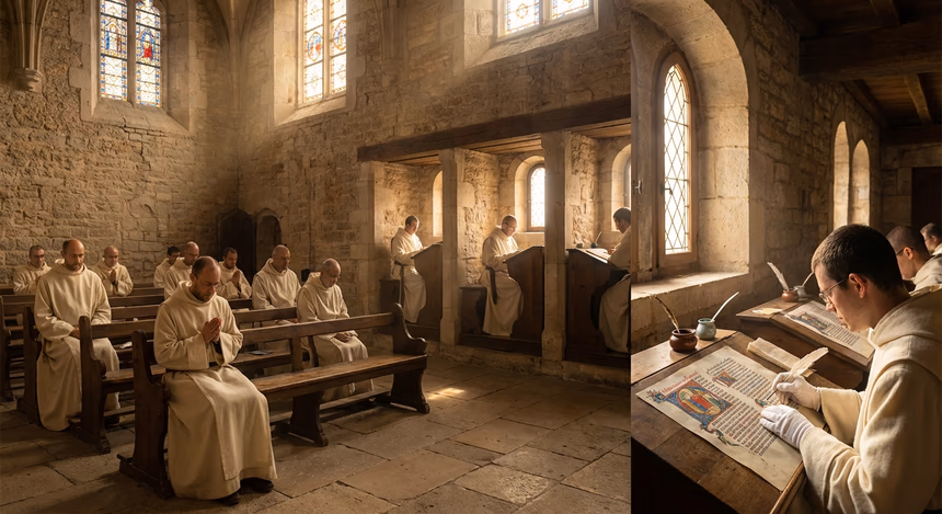 Abbaye de Cîteaux en Bourgogne, intérieur médiéval lumineux avec douze moines en habits blancs cisterciens priant, lisant et copiant des manuscrits anciens dans le scriptorium.