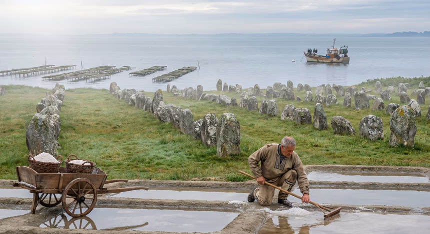 Alignements de menhirs du Ménec à Carnac au matin au printemps, avec un saulnier breton récoltant le sel artisanalement près de la mer, paysage mêlant héritage mégalithique et tradition maritime