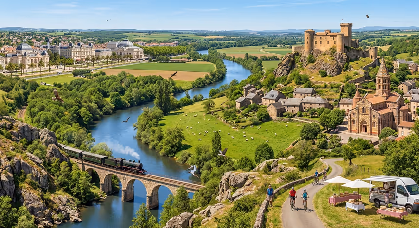 Paysage ultra-réaliste de la rivière Allier serpentant entre gorges sauvages, plaines fertiles, villages médiévaux perchés, la forteresse de Saint-Il, une église romane polychrome, la ligne ferroviaire du Sevenol avec tunnels et viaducs, la ville thermale de Vichy et une ambiance printanière lumineuse