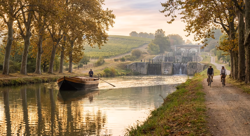 Vue ultra réaliste du Canal du Midi près de Toulouse au petit matin, avec un rameur sur l'eau calme, des cyclistes sur le chemin de halage, et en arrière-plan les écluses historiques de Fonseranes à Béziers sous une lumière douce