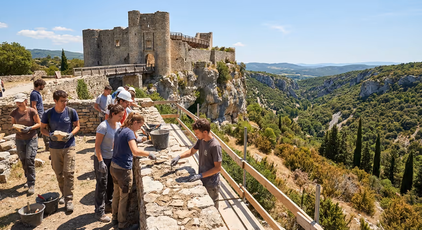 Château médiéval de Terme dans les Corbières au soleil d’été, avec des étudiants européens consolidant ses murailles sur un promontoire rocheux entouré de gorges et de végétation méditerranéenne