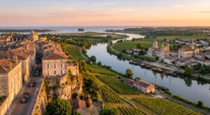 Vue ultra réaliste du fleuve Charente au coucher de soleil avec la cité médiévale d’Angoulême, vignobles du cognac, églises romanes, et les forts côtiers de Rochefort-sur-Mer en arrière-plan