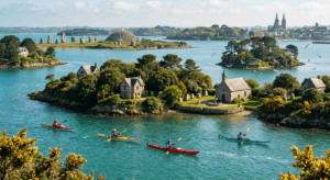 Kayakers naviguant dans les courants puissants du golfe du Morbihan entourés d’îles sauvages, villages anciens, mégalithes et architecture gothique sous un ciel clair printanier