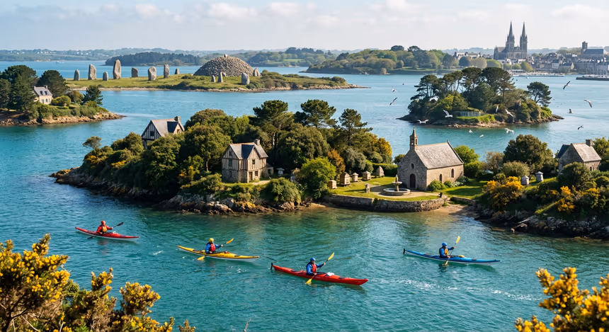Kayakers naviguant dans les courants puissants du golfe du Morbihan entourés d’îles sauvages, villages anciens, mégalithes et architecture gothique sous un ciel clair printanier