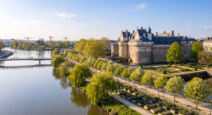 Vue réaliste de Nantes au printemps, bord de la Loire avec verdure, Château des Ducs de Bretagne et jardins potagers urbains, ambiance paisible et culturelle