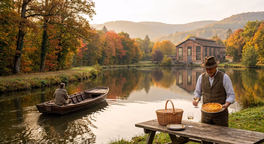 Paysage naturel de Lorraine en début d'automne avec forêt centenaire, lac sauvage, un bateau sur un canal, un chef local tenant une quiche lorraine et un verre de vin blanc, et un ancien site industriel en arrière-plan