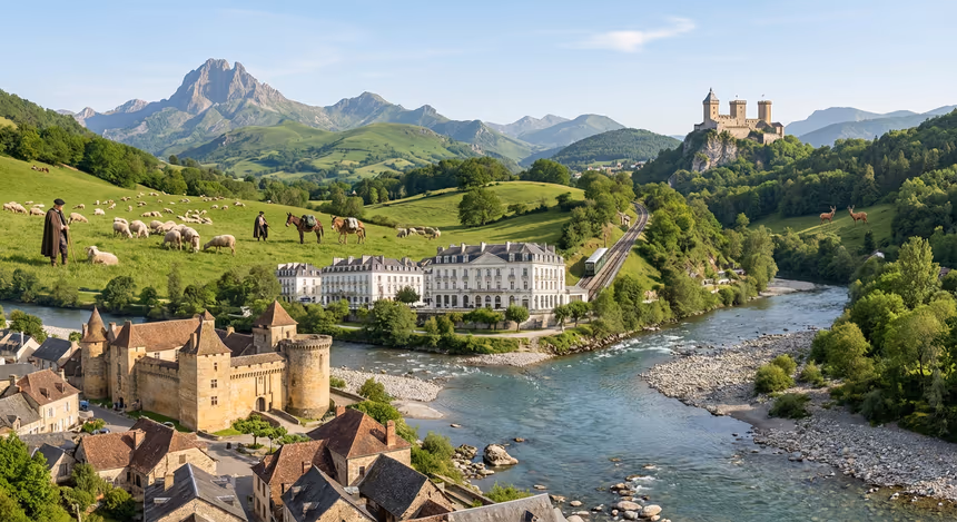 Paysage ultra-réaliste combinant les Gaves du Béarn bordant villages médiévaux, les villas néoclassiques de Pau avec son funiculaire, des bergers et mulets dans les vallées d’Aspe et d’Ossau, et le château médiéval de Foix sur fond de montagnes pyrénéennes au printemps.