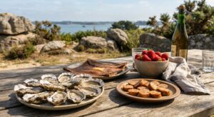 Table rustique en Bretagne près du golfe du Morbihan avec huîtres fraîches, andouilles de Guémené, crêpes bretonnes et fraises de Plougastel, ambiance lumineuse et authentique en plein jour au printemps