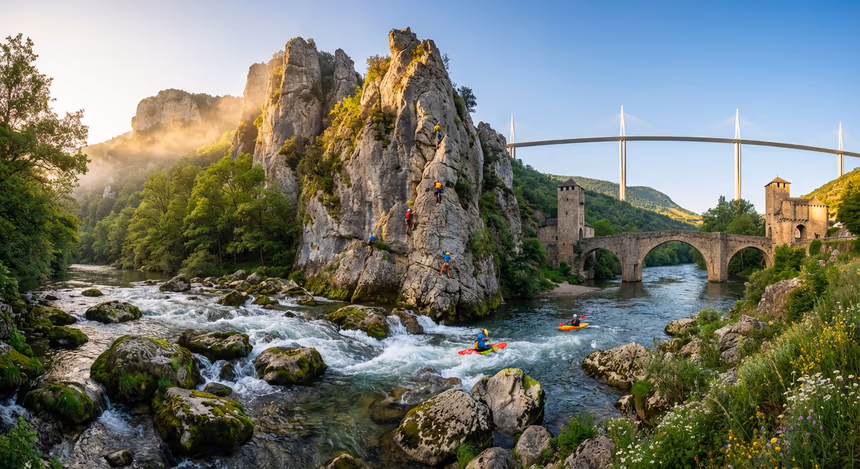 Le Tarn en source dans les montagnes des Cévennes avec kayakistes et grimpeurs, ponts en pierre médiévaux, gorges calcaires et le viaduc de Millau au loin sous un ciel clair