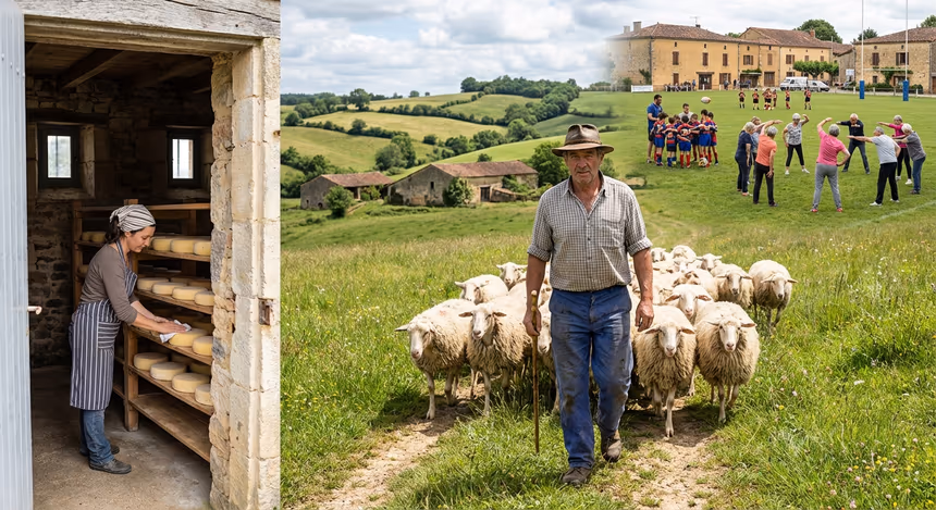 Scène ultra-réaliste de vie rurale dans le Gers en été, avec un éleveur de brebis béarnaises dans un champ verdoyant, une fromagère affinant des tomes dans une cave rustique, et un terrain de rugby animé en arrière-plan à Montestruc-sur-Gers