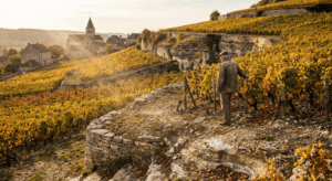 Vignoble de Château-Chalon en automne sous une lumière dorée, avec des rangées de vignes Savagnin sur sol calcaire ancien et un paysage paisible emblématique du Jura