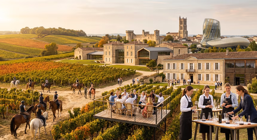Paysage ultra réaliste des vignobles bordelais avec châteaux historiques, visiteurs à cheval, dégustations suspendues et ateliers de vin, sous un ciel clair en fin d’après-midi