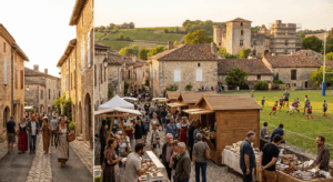 Village médiéval du Gers animé par un marché traditionnel et un match de rugby, avec des vignobles Saint-Mont et un château en restauration en arrière-plan, ambiance automnale en fin d’après-midi