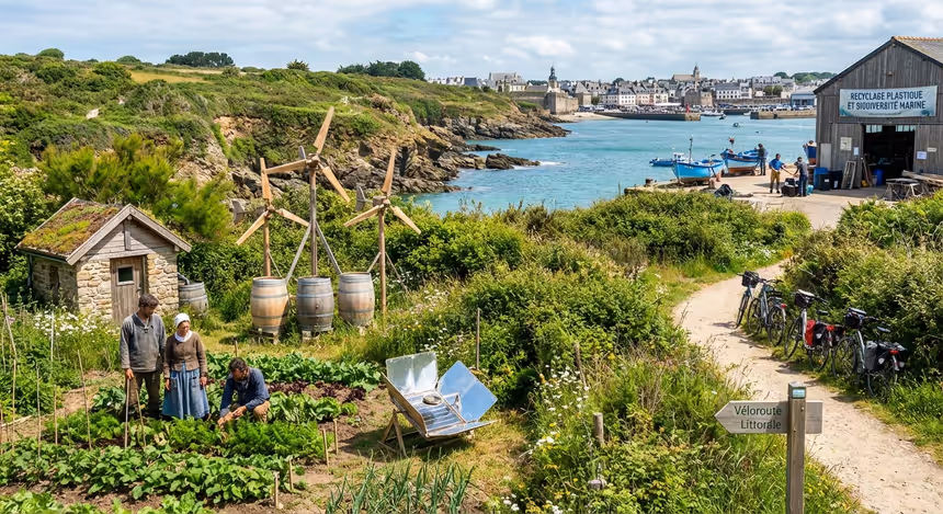 Paysage côtier breton avec une famille vivant en autarcie près d’éoliennes artisanales, jardins bio, micro-habitat naturel, et un port où l’on recycle le plastique et suit la biodiversité marine