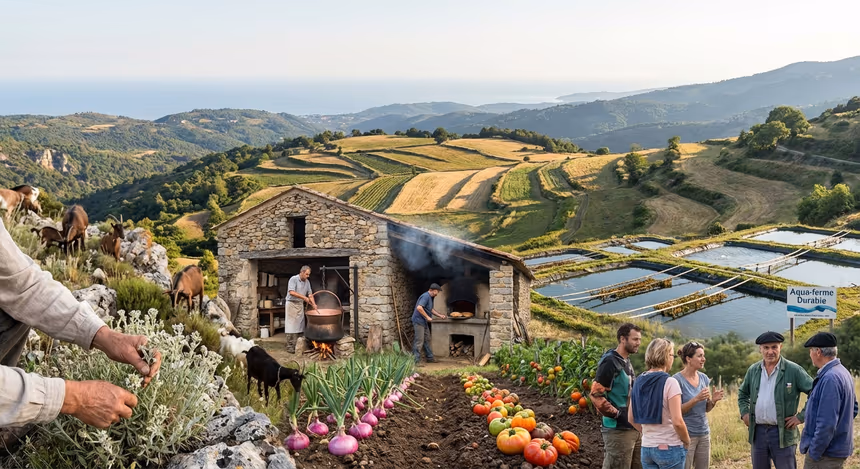 Paysage agricole du Sud-Est de la France au printemps, avec des fermiers récoltant du génépi dans les Alpes, chèvres en pâturage, cultures anciennes d’oignons roses de Menton et tomates oubliées, fabrication de fromages artisanaux, ferme aquacole durable, et visiteurs en immersion