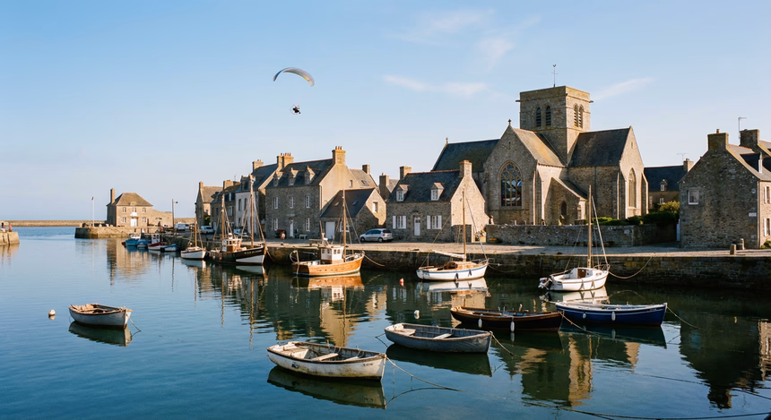 Village historique de Barfleur dans le Cotentin au matin, port avec maisons aux toits en céramique, église Saint-Nicolas avec vitrail, paramoteur survolant le village