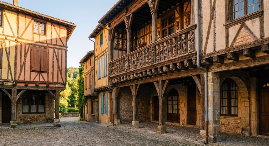 Place centrale de la bastide de Mirepoix avec maisons à colombages colorées et la maison des consuls ornée de têtes sculptées en bois, en fin d’après-midi printanier