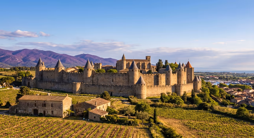 Vue ultra réaliste de la cité médiévale de Carcassonne en fin d’après-midi printanier, entre vignobles des contreforts pyrénéens et village de pêcheurs méditerranéens, lumière dorée sur les remparts gothiques