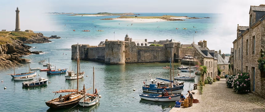 Vue ultra-réaliste de la Cornouaille en été avec la ville close fortifiée de Concarneau, bateaux de pêche bretons dans le port, ruelles pavées de Locronan, l’archipel turquoise des Glénan et le phare d’Eckmühl au bord de la mer