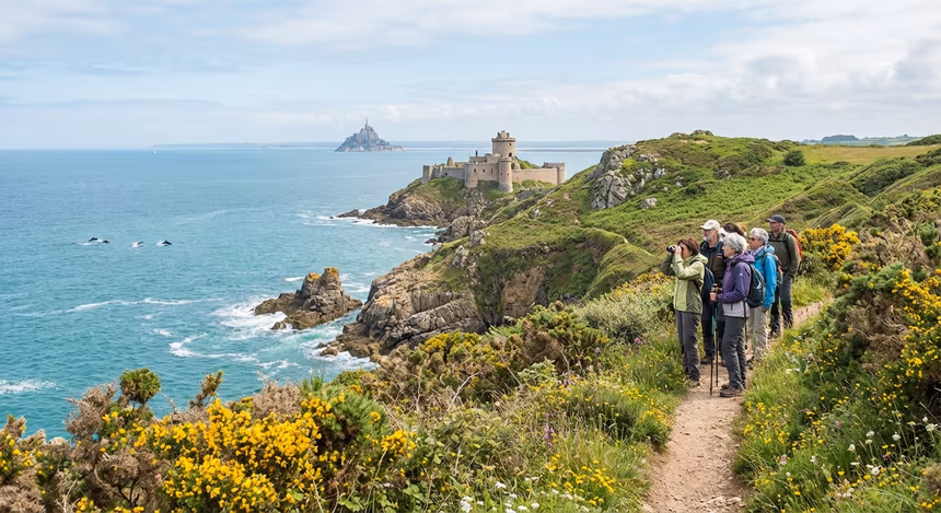 Paysage ultra-réaliste de la côte d’Émeraude en Bretagne au printemps, avec Mont-Saint-Michel à l’horizon, une forteresse sur la falaise, un sentier de randonnée le long de la mer turquoise et des randonneurs, dauphins visibles au large
