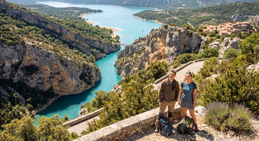 Les gorges du Verdon en Alpes-de-Haute-Provence vues depuis la route des crêtes, avec une barque sur l'eau turquoise du lac de Sainte-Croix et deux randonneurs admirant le paysage rocheux et naturel