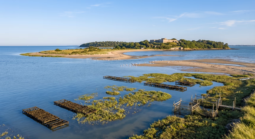 Paysage ultra réaliste des îles d’Aix et Madame à marée basse, avec le fort Liédot en arrière-plan, salicornes inondées par l’eau de mer, oiseaux sauvages sur les vasières, ambiance paisible de côte charentaise au printemps