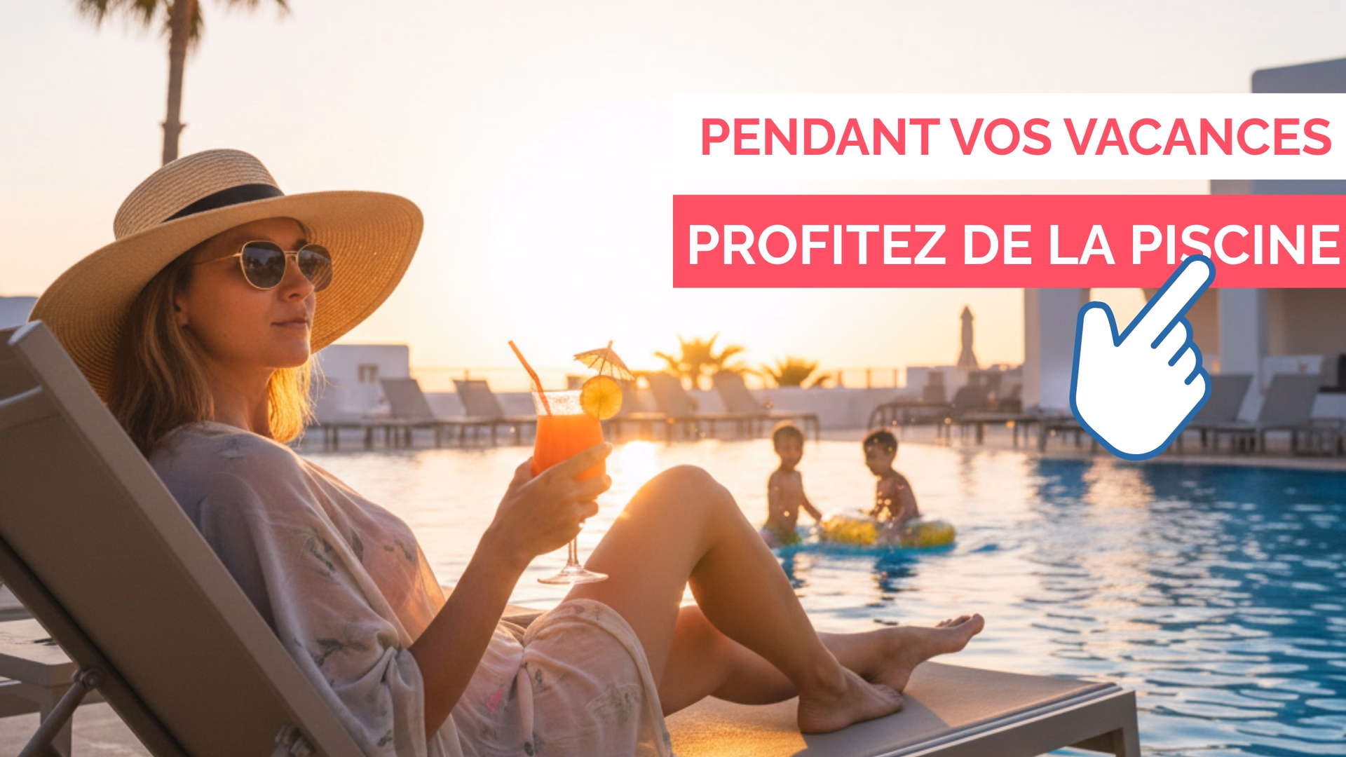 Femme se détendant sur un transat au bord de la piscine, cocktail à la main, avec des enfants jouant dans l'eau au coucher du soleil.