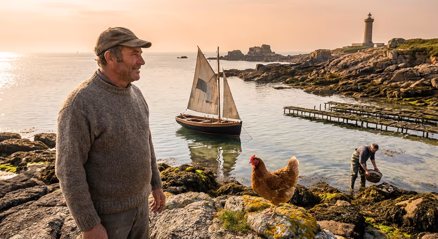 Ismaël sur les rochers de Paimpol au bord de la mer au printemps, avec une poule à ses côtés, des parcs à huîtres, un pêcheur ramassant des coquilles Saint-Jacques, et un phare en arrière-plan, lumière douce de fin d’après-midi