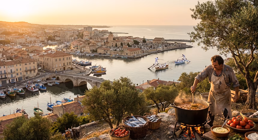 Vue depuis le mont Saint-Clair à Sète au coucher de soleil, avec une joute nautique traditionnelle dans le port, les jouteurs en blanc sur leurs barques, et un chef préparant la bourride sétoise en arrière-plan, ambiance méditerranéenne estivale