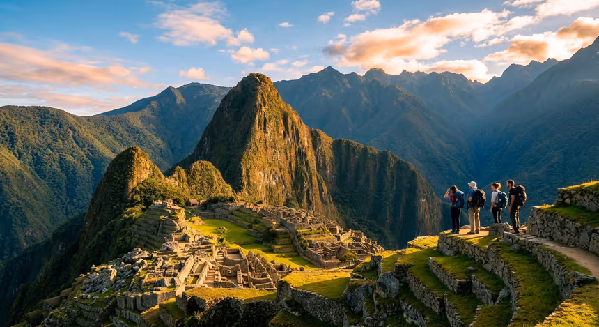 Vue immersive de Machu Picchu au Pérou au coucher de soleil avec des randonneurs explorant les terrasses en pierre et les montagnes verdoyantes en arrière-plan