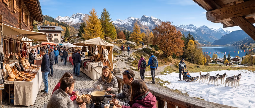 Paysage réaliste du massif des Aravis en automne avec randonneurs, chalet traditionnel avec fondue, marché artisanal à Megève, vue sur le lac d’Annecy et traîneau à chiens