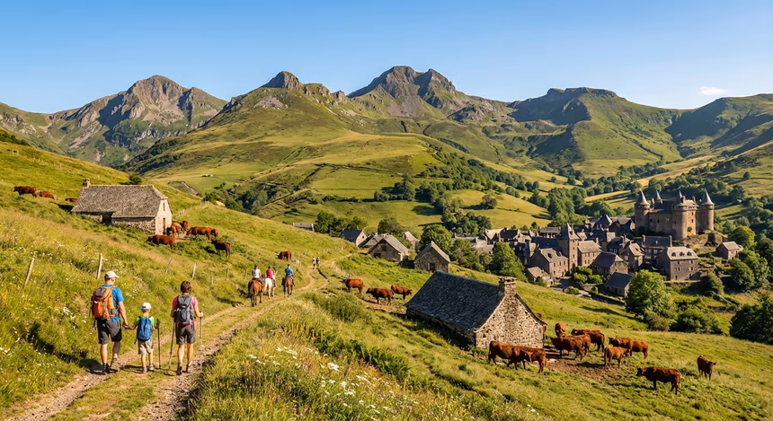 Paysage authentique du massif du Cantal avec sommets volcaniques, fermes burons traditionnelles, village médiéval de Salers, sentiers de randonnée et chevaux, en été lumineux