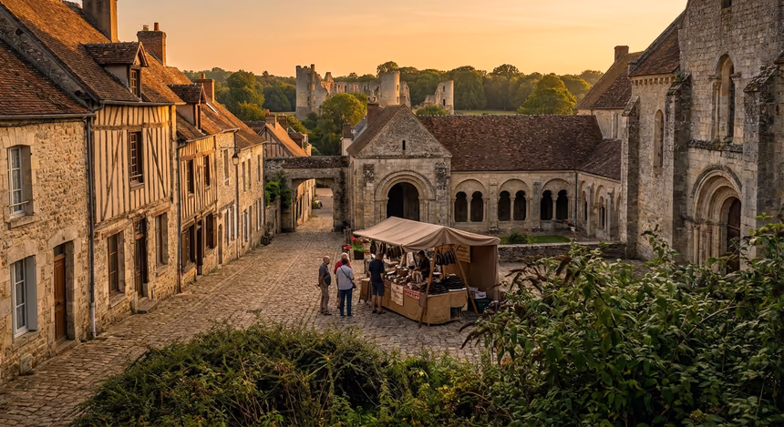 Vue réaliste et immersive de Mortagne-au-Perche au coucher de soleil, montrant ses manoirs anciens, la crypte gothique Saint-André, les ruines du château de La Ferté-Vidame, et la forêt humide des Mousseuses avec une ambiance chaleureuse et naturelle.