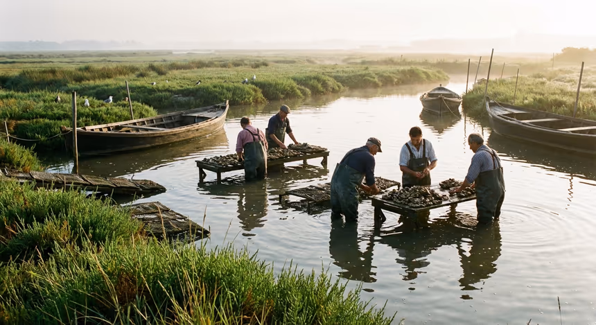 Paysage matinal printanier dans les marais de la Gironde avec six ostréiculteurs travaillant artisanalement sur leurs tables à huîtres en eaux salées, entre végétation verte et petits bateaux traditionnels