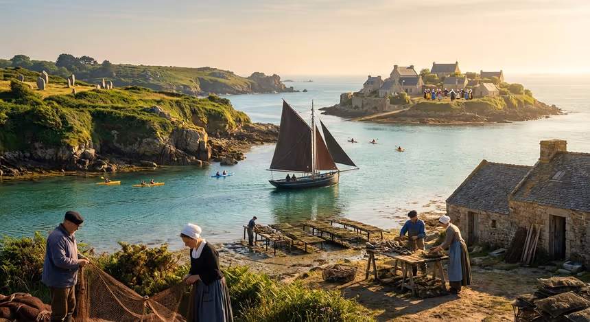 Paysage maritime ultra-réaliste du Morbihan en Bretagne avec voilier breton, kayakistes sur eau turquoise, alignements mégalithiques de Carnac, artisans et pêcheurs en costumes traditionnels au coucher du soleil